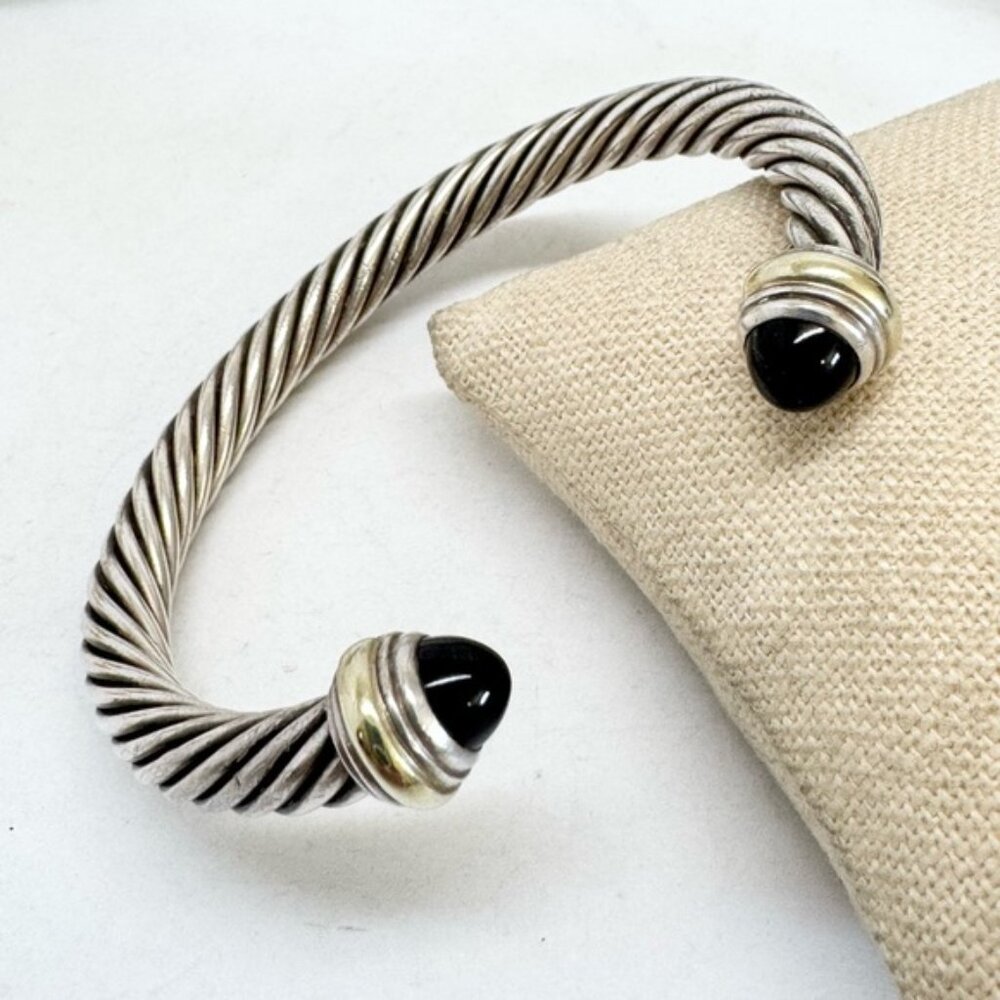 David Yurman 7mm Cable Classic Cuff Bracelet Black Onyx .925 14K